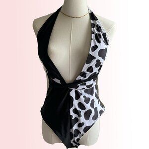Split style cow pattern strappy one piece swimsuit NWOT
